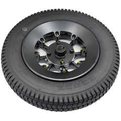 The 3.00-8 Drive Wheel Assembly for Merits Vision Ultra Wheelchair features a stylish silver rim with a Kenda nylon black flat free tire.