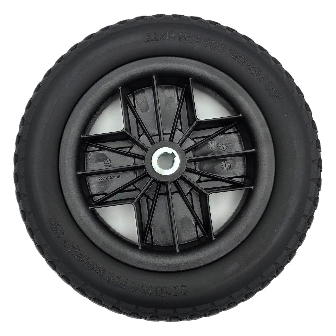 Back view showing The 2.2x13 Drive Wheel Assembly for Pride Jazzy EVO 613 Power Wheelchair (12.5 in). Plastic black hub. Pride Part DGN2005417