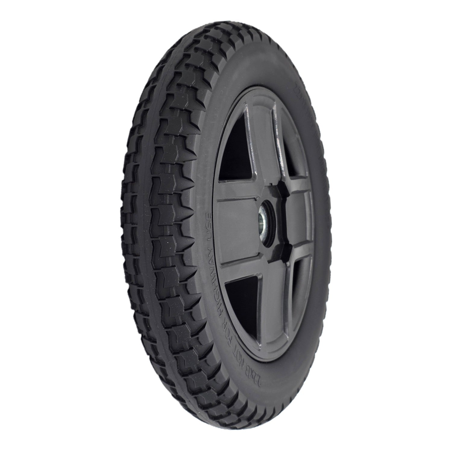 The 2.2x13 Drive Wheel Assembly for Pride Jazzy EVO 613 Power Wheelchair (12.5 in). Features black Flat-free tire with 4-spoke rim. Pride Part DGN2005417