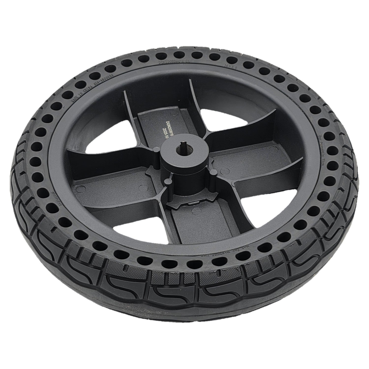 Angled back view of the replacement Drive Wheel Assembly for Pride Jazzy EVO 614 and EVO 614HD Power Wheelchair (14 in). 14x3.0 black Flat-free tire with 4-spoke rim. DGN2005547