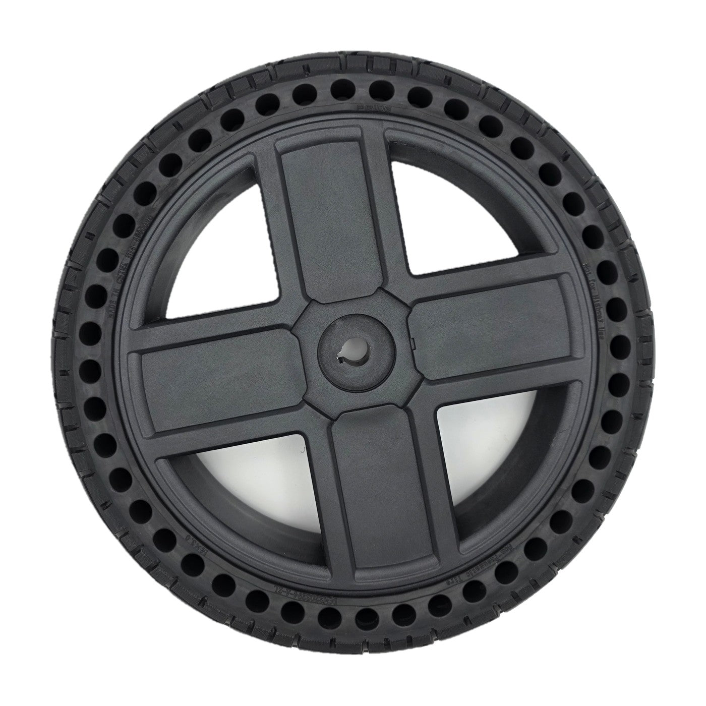 Top view of the replacement Drive Wheel Assembly for Pride Jazzy EVO 614 and 614HD Power Wheelchair (14 in). 14x3.0 black Flat-free tire with 4-spoke rim. DGN2005547