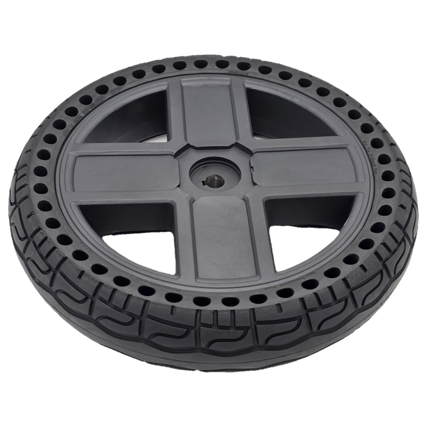 Angled view of the replacement Drive Wheel Assembly for Pride Jazzy EVO 614 and EVO 614HD Power Wheelchair (14 in). 14x3.0 black Flat-free tire with 4-spoke rim. DGN2005547