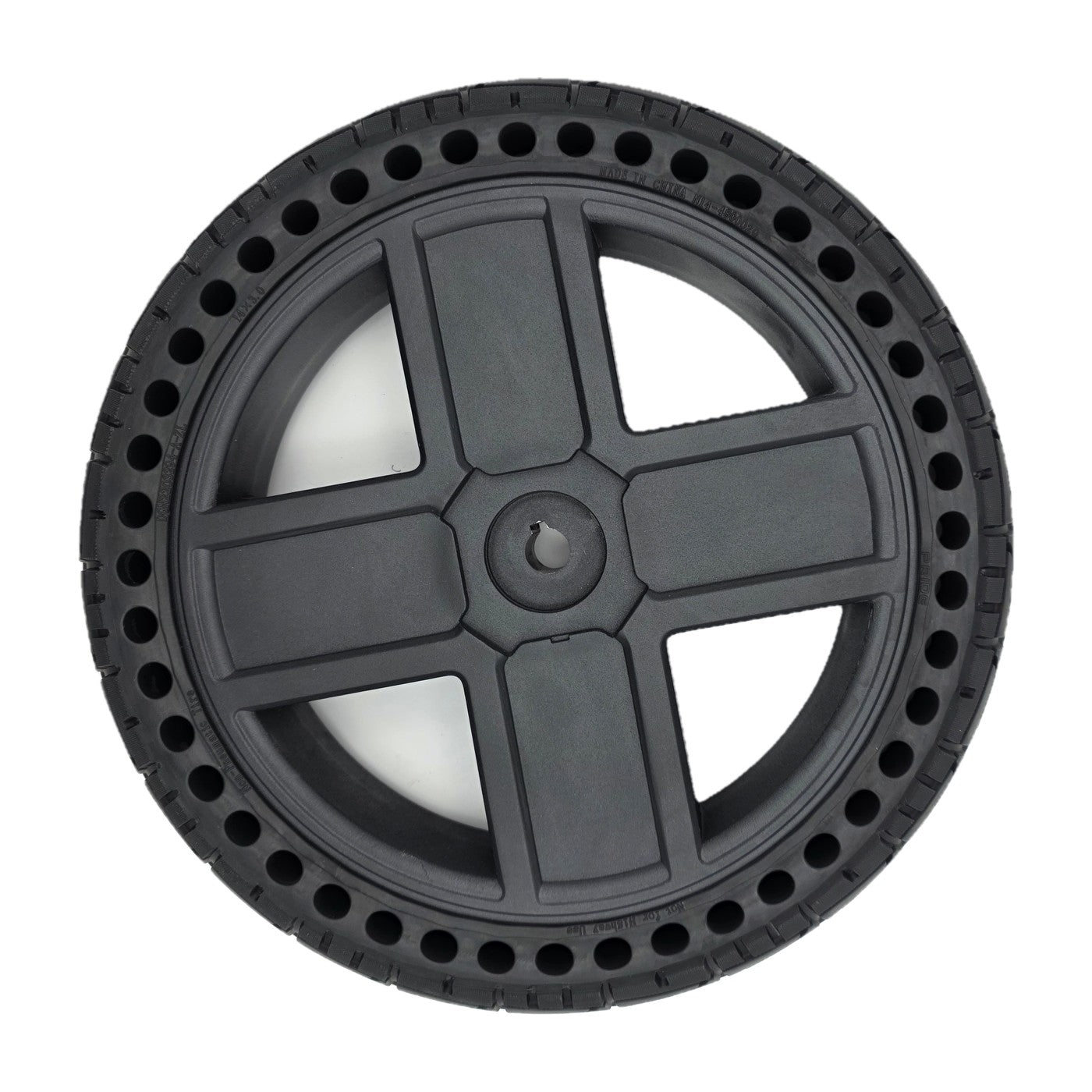 Angled view of the replacement Drive Wheel Assembly for Pride Jazzy EVO 614 and EVO 614HD Power Wheelchair (14 in). 14x3.0 black Flat-free tire with 4-spoke rim. DGN2005547 and DGN2203294
