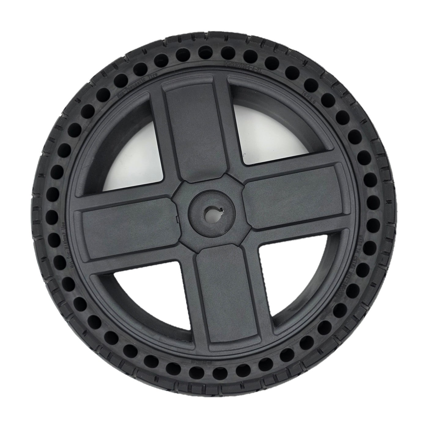 Top view of the replacement Drive Wheel Assembly for Pride Jazzy EVO 614 and EVO 614HD Power Wheelchair (14 in) showing 14x3.0 black solid tire with 4-spoke rim. DGN2005547