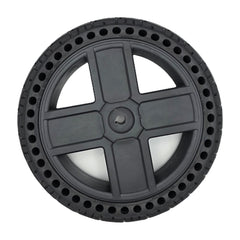 Top view of the replacement Drive Wheel Assembly for Pride Jazzy EVO 614 and 614HD Power Wheelchair (14 in). 14x3.0 black Flat-free tire with 4-spoke rim. DGN2005547
