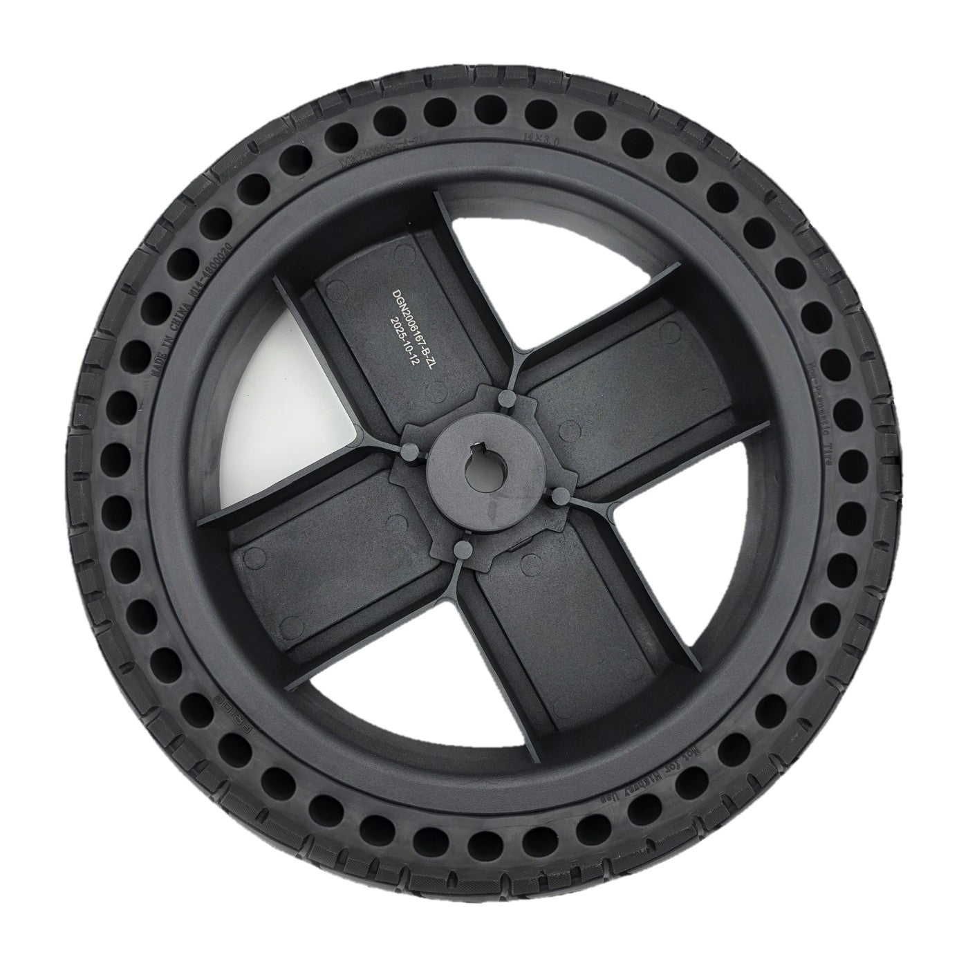 Close up view of the replacement Drive Wheel Assembly for Pride Jazzy EVO 614 and EVO 614HD Power Wheelchair (14 in). 14x3.0 black Flat-free tire with 4-spoke rim. DGN2005547