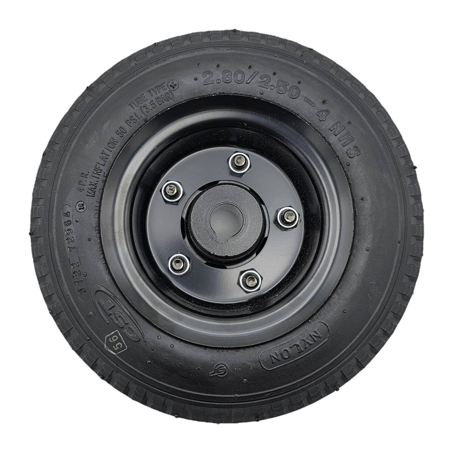 Back view of the replacement Drive Wheel Assembly for Merits Vision CF Wheelchair features a stylish silver rim with a 2.80/2.50-4 black flat free tire.