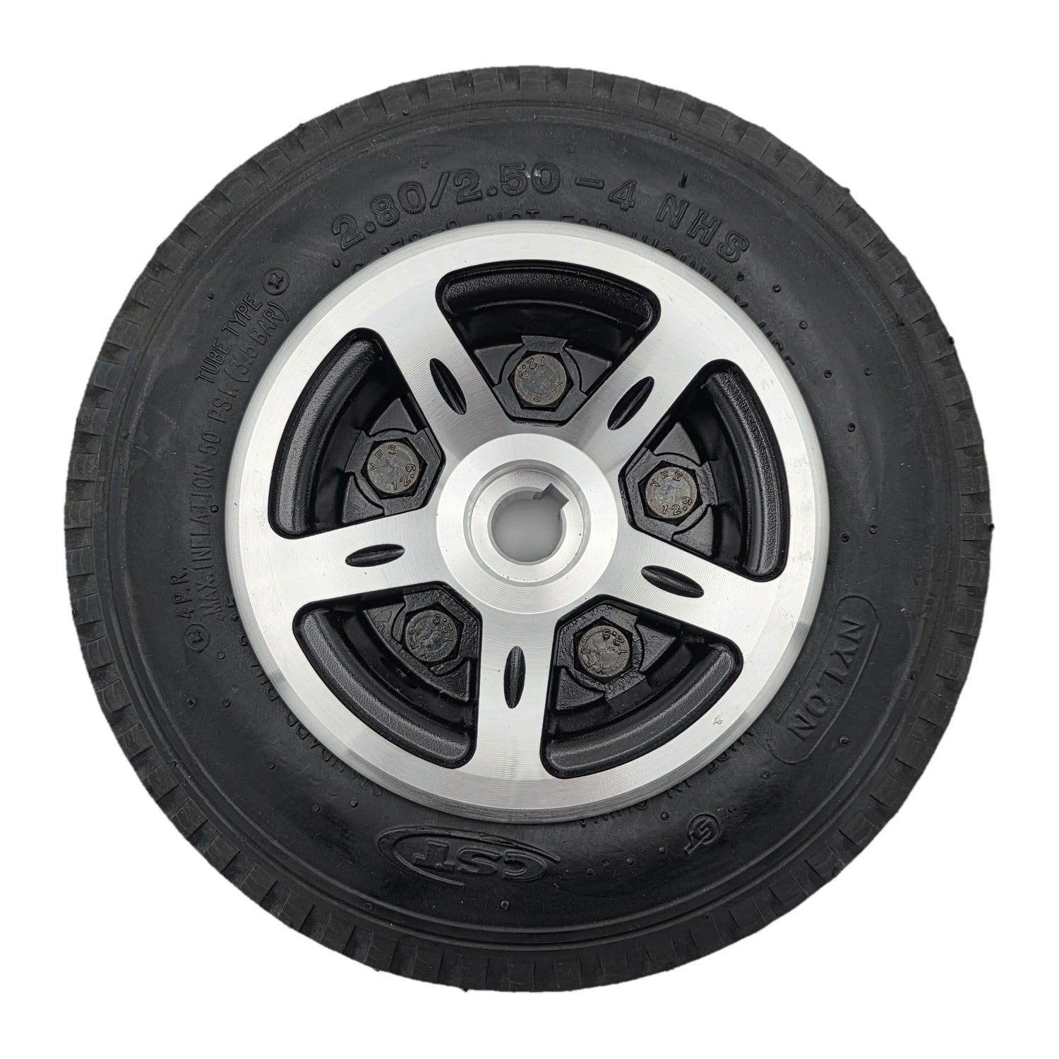 Close up view of the replacement Drive Wheel Assembly for Merits Vision CF Wheelchair features a stylish silver rim with a 2.80/2.50-4 black flat free tire.