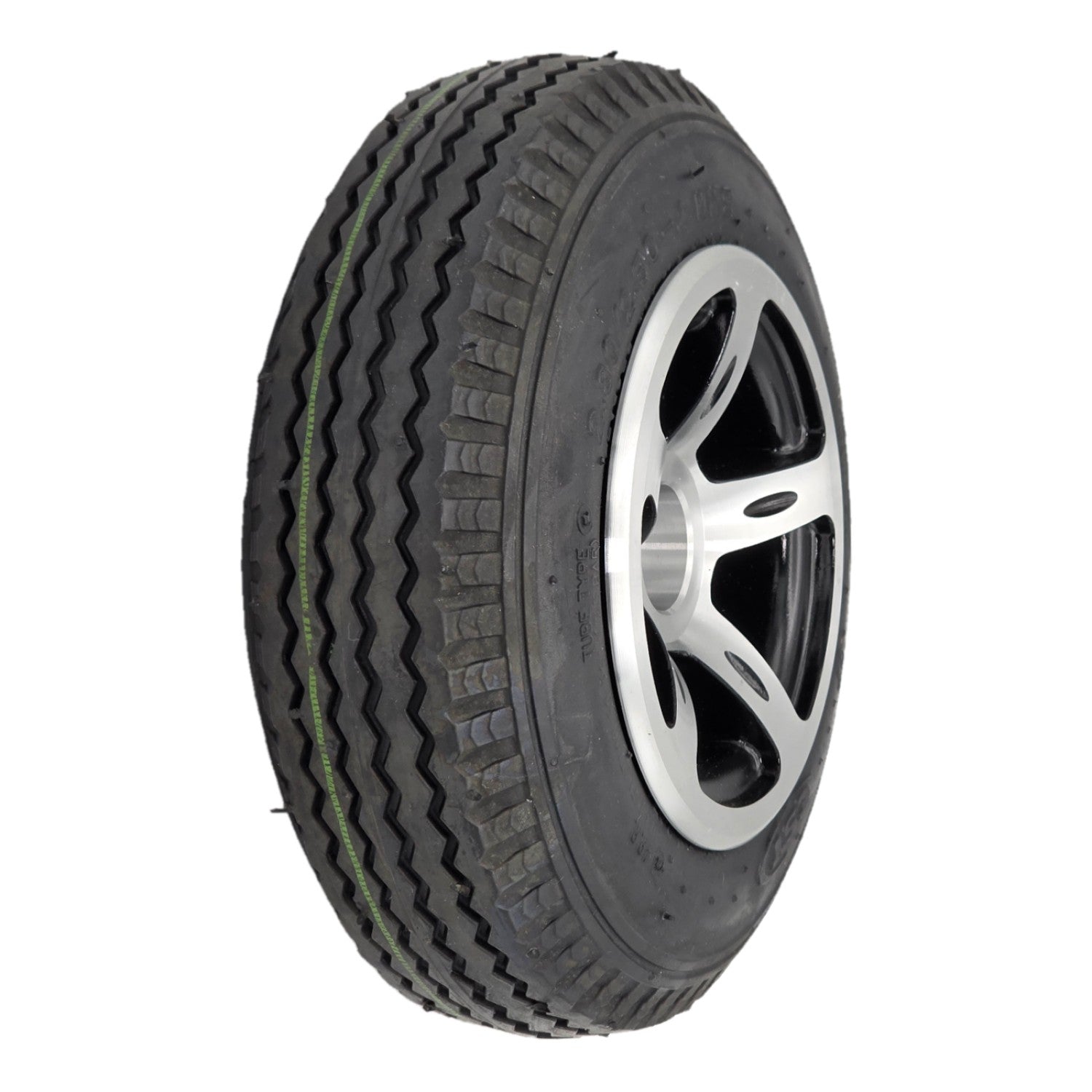 The replacement Drive Wheel Assembly for Merits Vision CF Wheelchair features a stylish silver rim with a 2.80/2.50-4 black flat free tire.