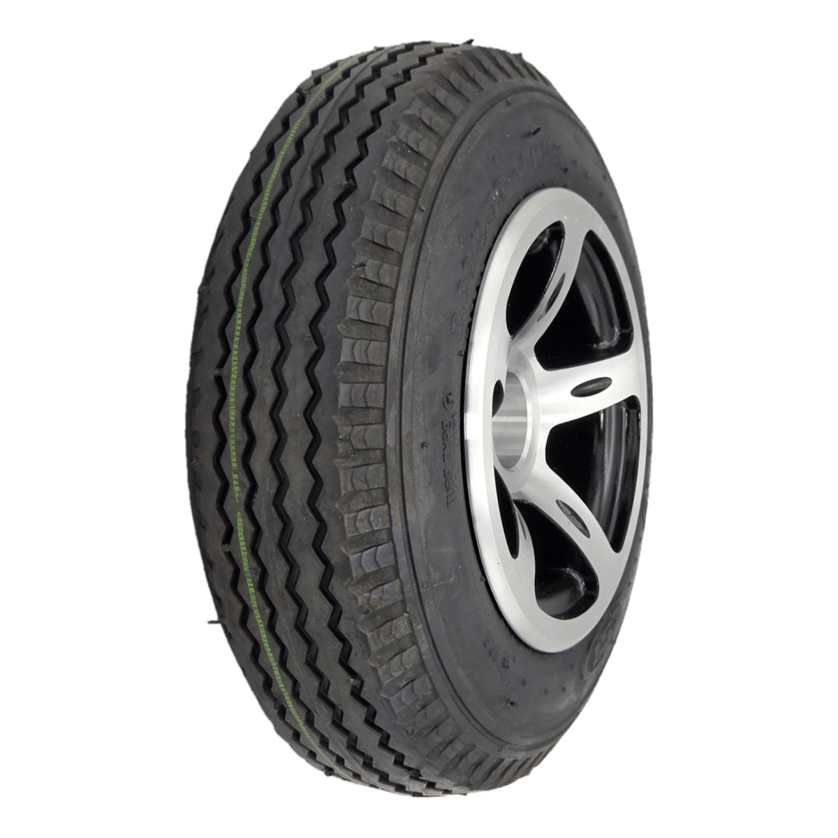 The replacement Drive Wheel Assembly for Merits Vision CF Wheelchair features a stylish silver rim with a 2.80/2.50-4 black flat free tire.
