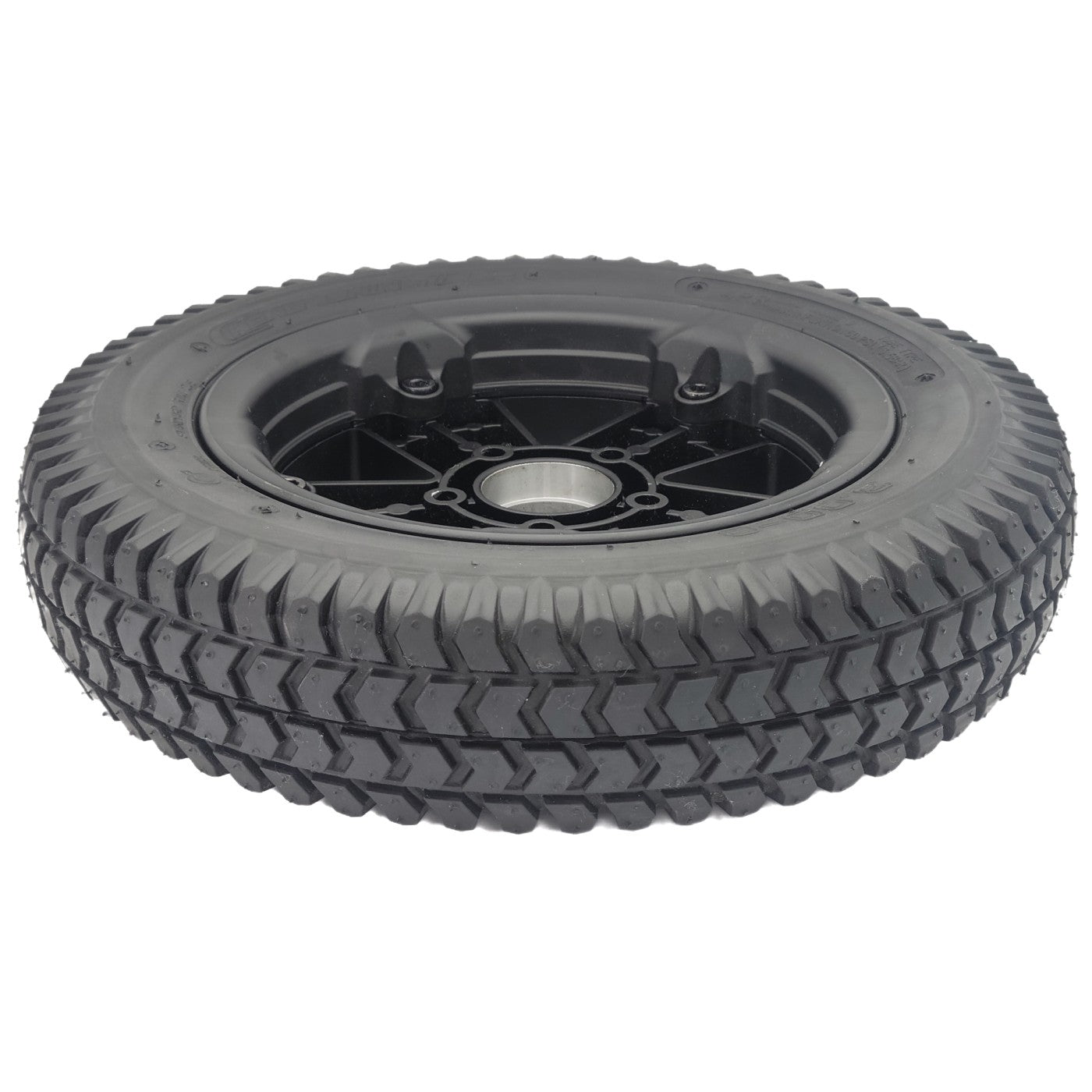 Close up view of the Drive Wheel for the Merits AVID Axcel Power Wheelchair features a 14" wheel on a stylish black rim for easy replacement.