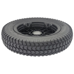 Close up view of the Drive Wheel for the Merits AVID Axcel Power Wheelchair features a 14" wheel on a stylish black rim for easy replacement.