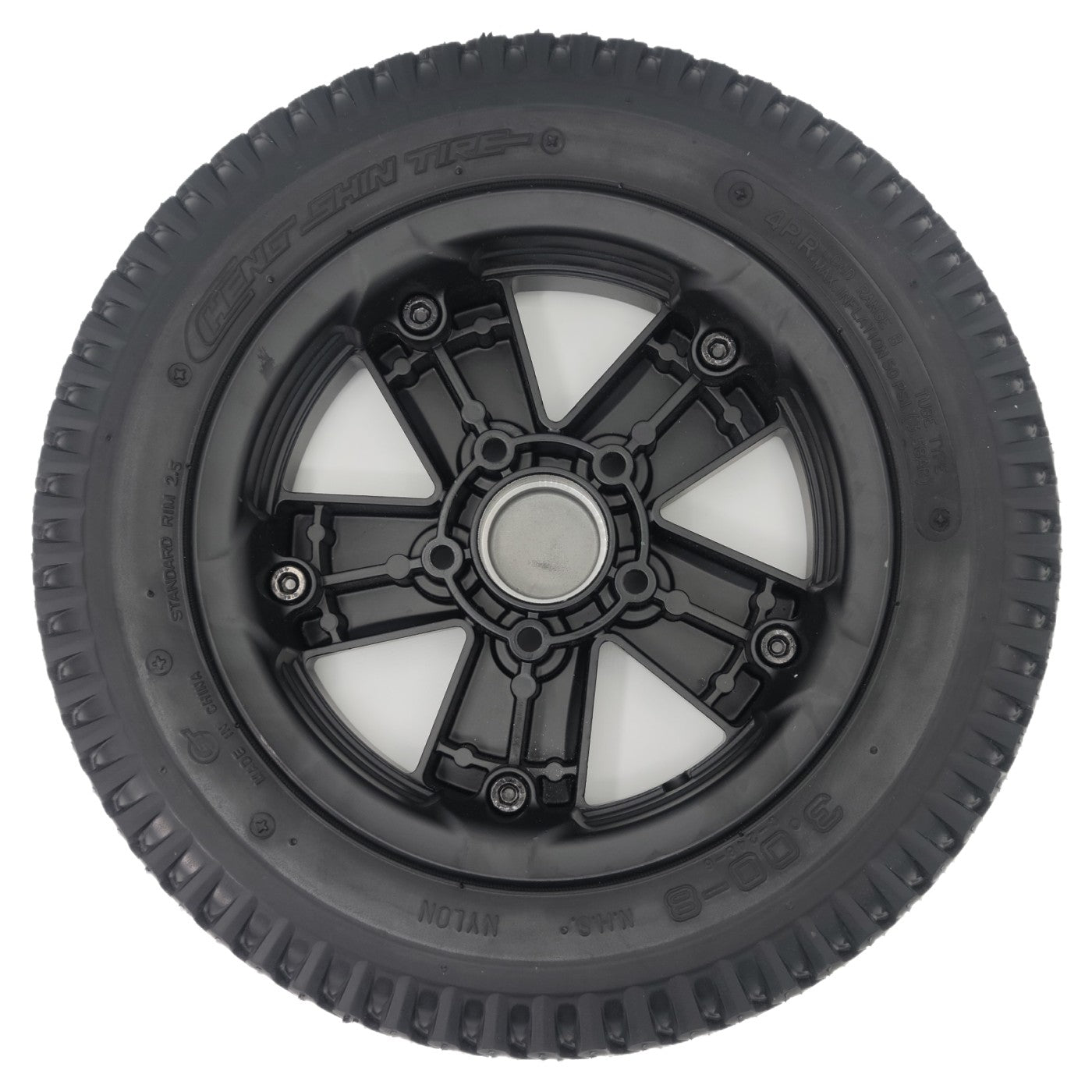 Back view of The Drive Wheel for the Merits AVID Axcel Power Wheelchair features a 14" wheel on a stylish black rim