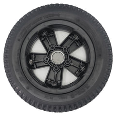Back view of The Drive Wheel for the Merits AVID Axcel Power Wheelchair features a 14" wheel on a stylish black rim