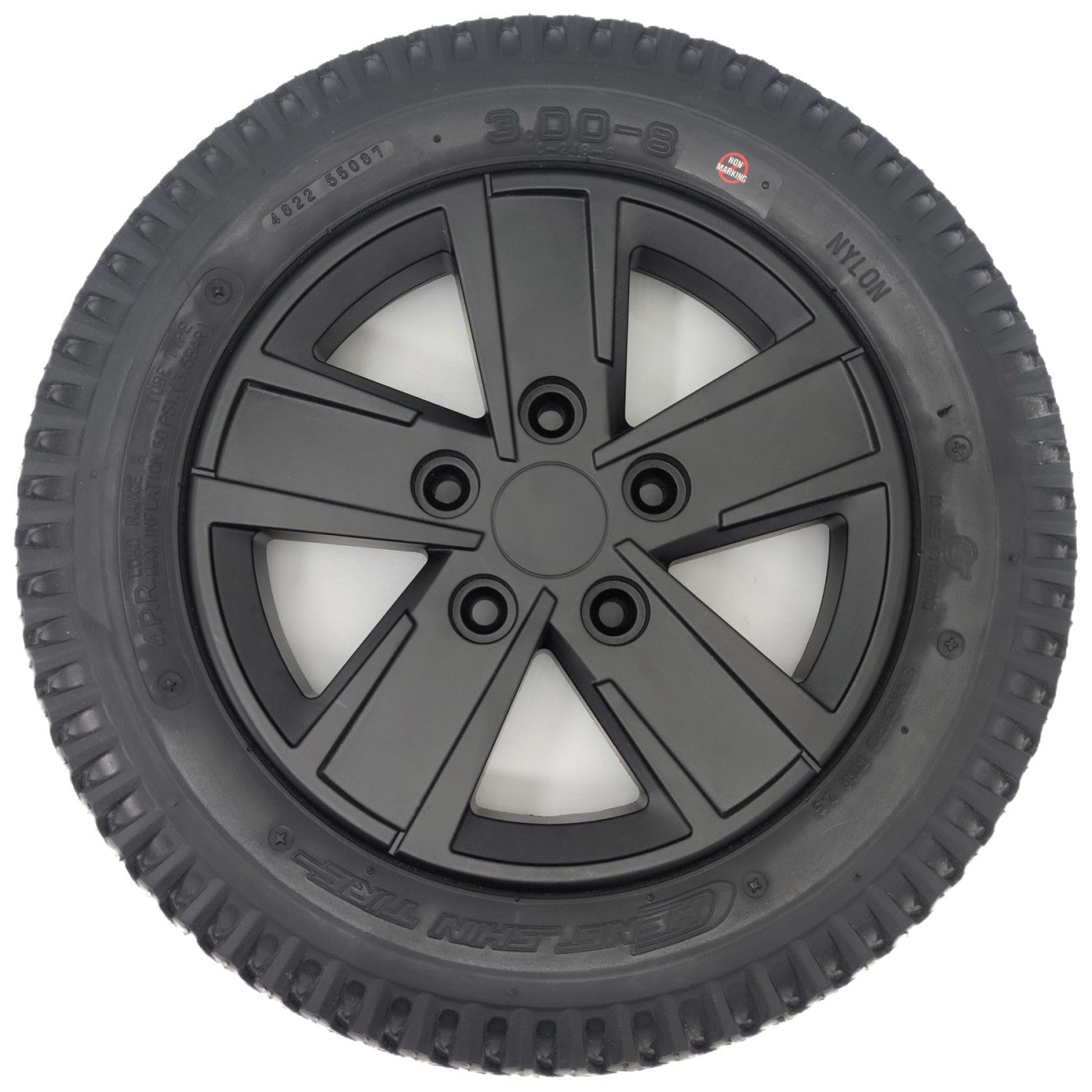 Front view of The Drive Wheel for the Merits AVID Axcel Power Wheelchair features a 14" wheel on a stylish black rim for easy replacement.