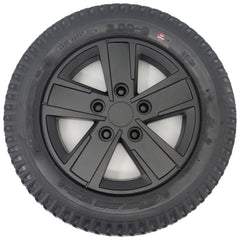 Front view of The Drive Wheel for the Merits AVID Axcel Power Wheelchair features a 14" wheel on a stylish black rim for easy replacement.