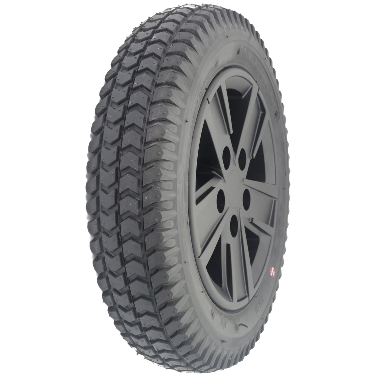 The Drive Wheel for the Merits AVID Axcel Power Wheelchair features a 14" wheel on a stylish black rim for easy replacement.