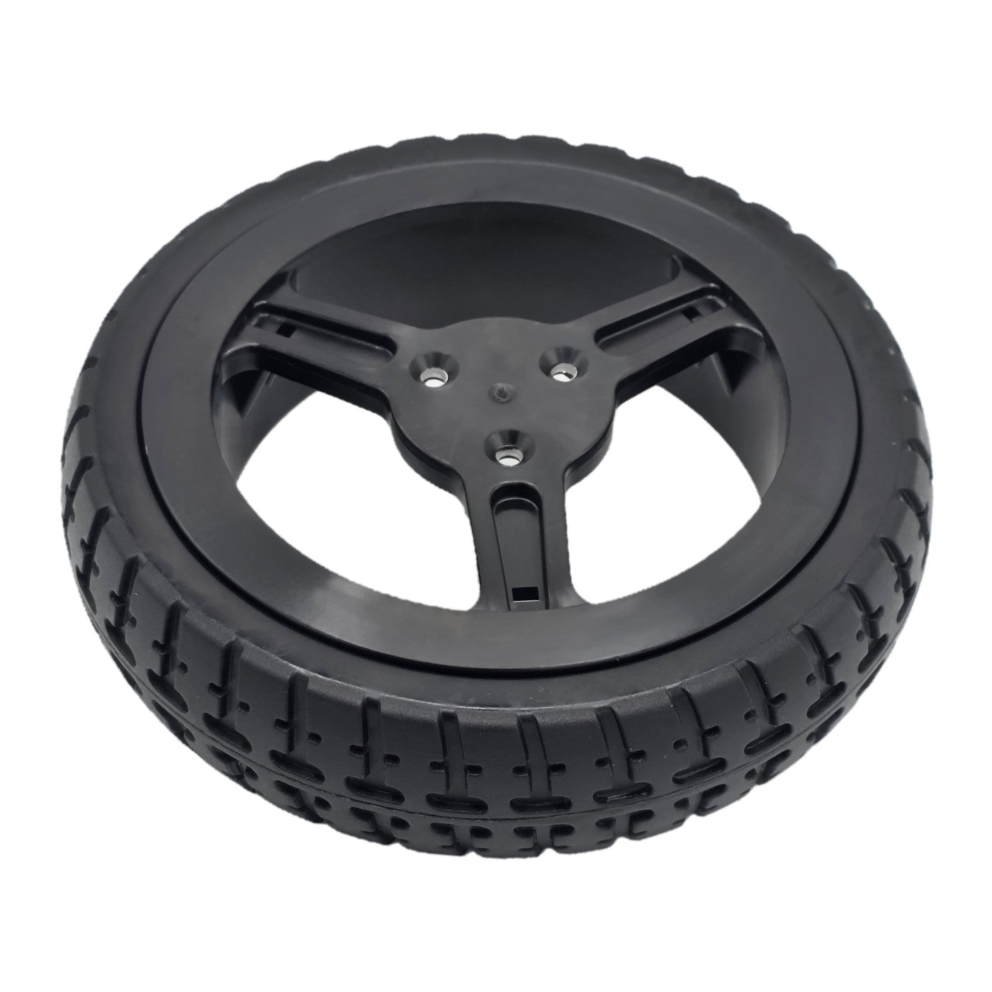 Close up view of the Drive Wheel for Pride Jazzy Carbon Power Wheelchair (215x50) and Rascal Carbon Cruiser. Features black Flat-free tire with 3-spoke rim.
