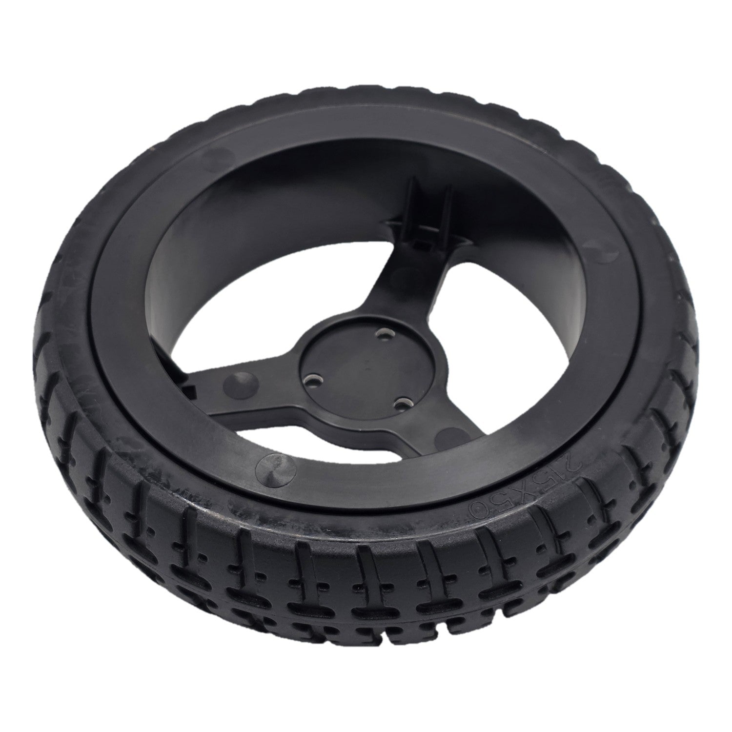 The replacement Drive Wheel for Pride Jazzy Carbon Power Wheelchair (215x50) and Rascal Carbon Cruiser. Features black Flat-free tire with 3-spoke rim.