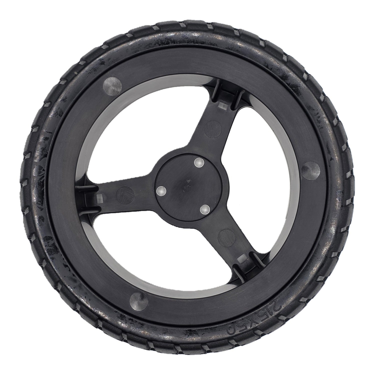 The replacement Drive Wheel for Pride Jazzy Carbon Power Wheelchair (215x50) and Rascal Carbon Cruiser. Features black Flat-free tire with 3-spoke rim.