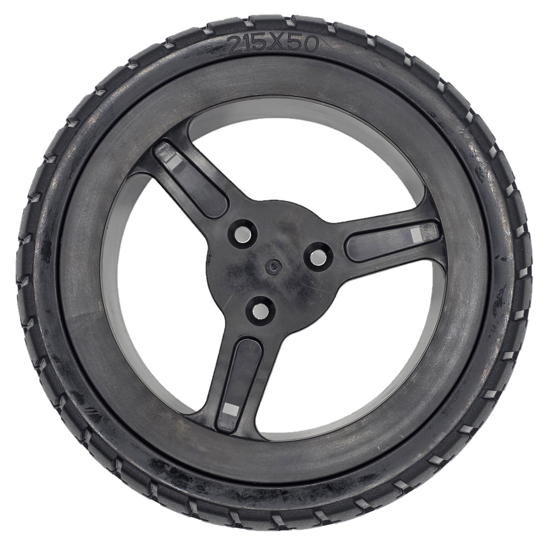 Top view of the replacement Drive Wheel for Pride Jazzy Carbon Power Wheelchair (215x50) and Rascal Carbon Cruiser. Features black Flat-free tire with 3-spoke rim.