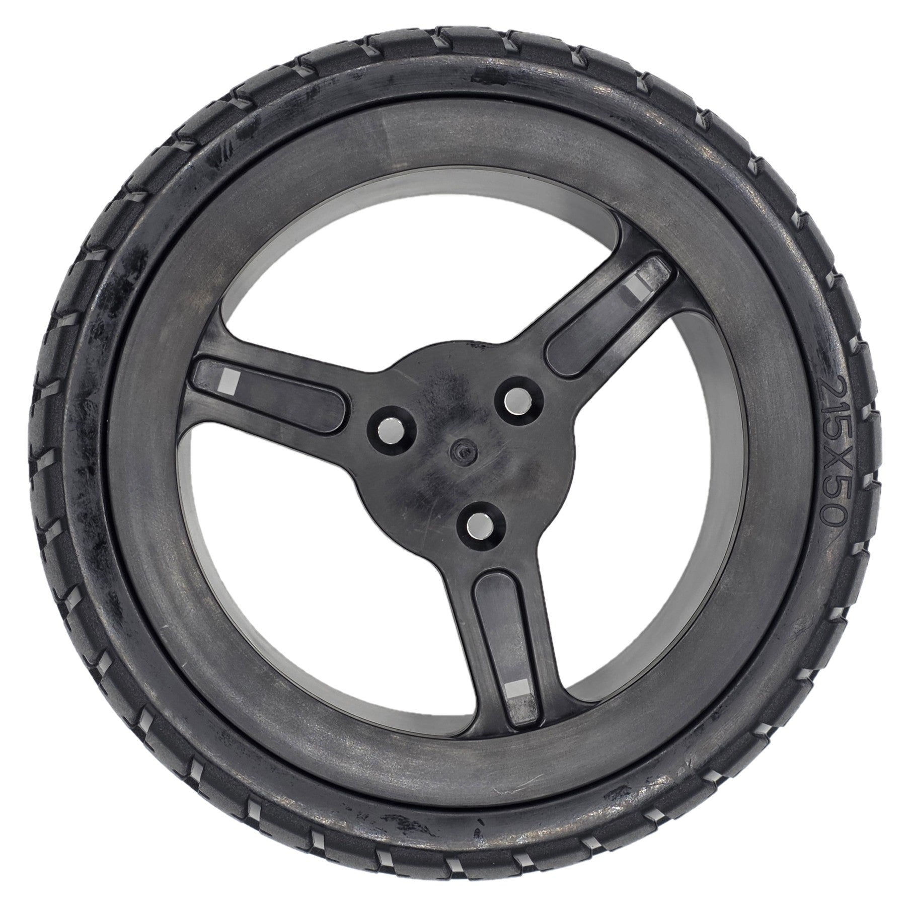 The replacement Drive Wheel for Pride Jazzy Carbon Power Wheelchair (215x50) and Rascal Carbon Cruiser. Features black Flat-free tire with 3-spoke rim.
