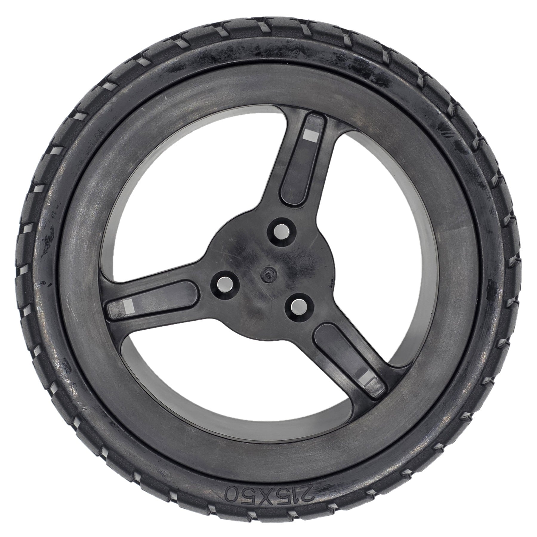 The replacement Drive Wheel for Pride Jazzy Carbon Power Wheelchair (215x50) and Rascal Carbon Cruiser. Features black Flat-free tire with 3-spoke rim.