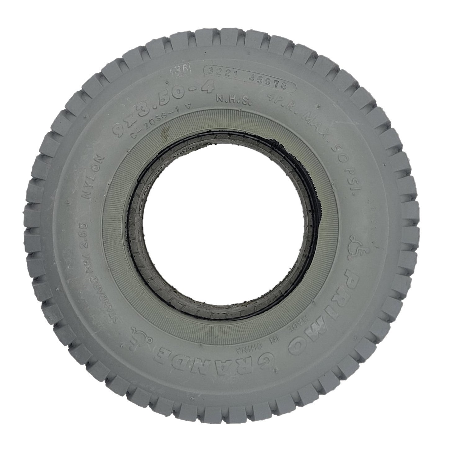 9" (3.50-4) Primo Grande foam filled solid flat free tire, C203 tread pattern in gray, for many electric wheelchair and scooters.