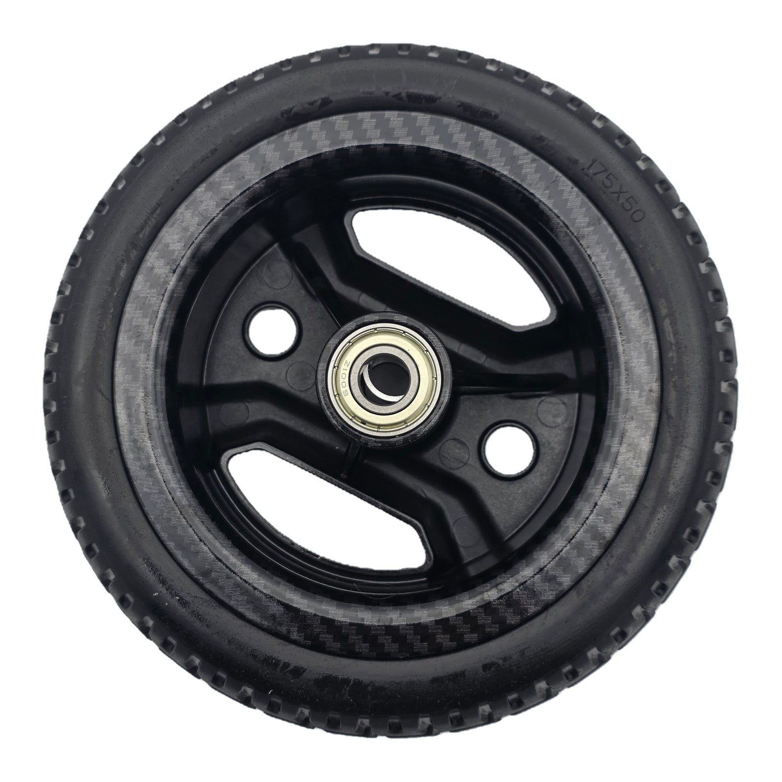 Back side view of the replacement 175x50 Front Wheel Assembly for Pride Go Go Carbon Electric Scooter. Black carbon fiber wheel fits the left or right side wheels.