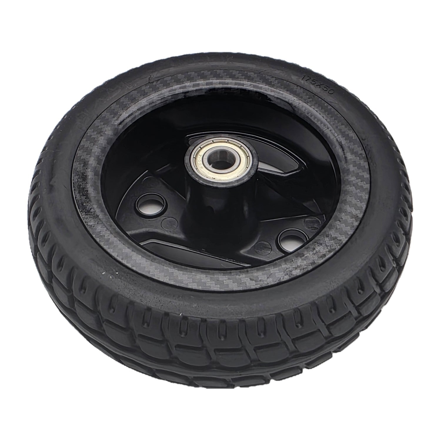 Angled view of the replacement 175x50 Front Wheel Assembly for Pride Go Go Carbon Electric Scooter. Fits the left or right side wheels.