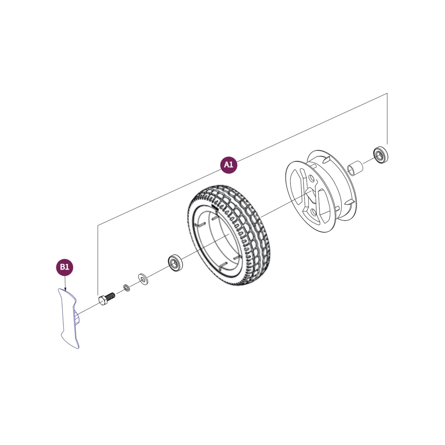 Diagram of the 175x50 Front Wheel Assembly for Pride Go Go Carbon Electric Scooter. Black carbon fiber wheel fits the left or right side wheels.