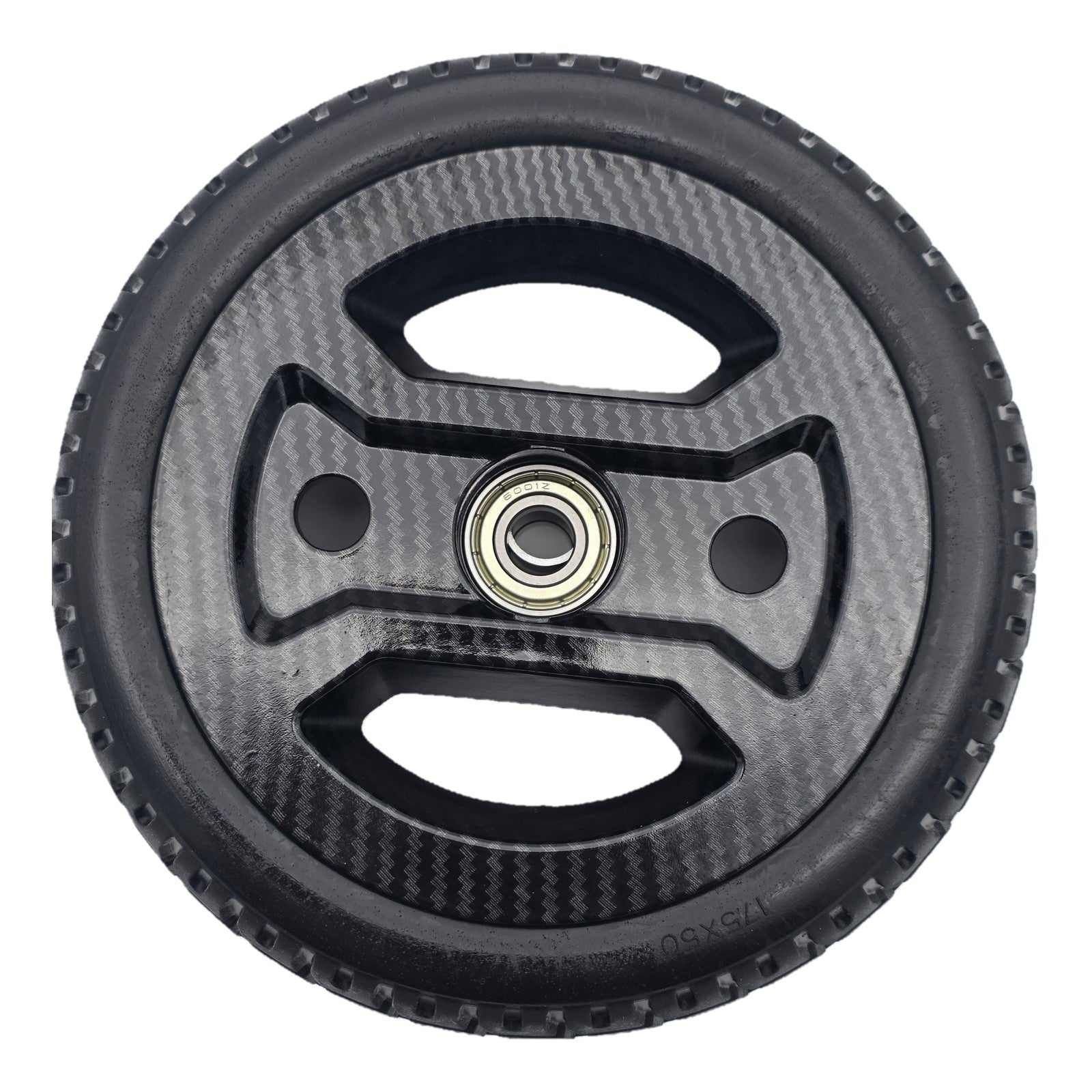 Front view of the replacement 175x50 Front Wheel Assembly for Pride Go Go Carbon Electric Scooter. Black carbon fiber wheel fits the left or right side wheels. Showing included bearings