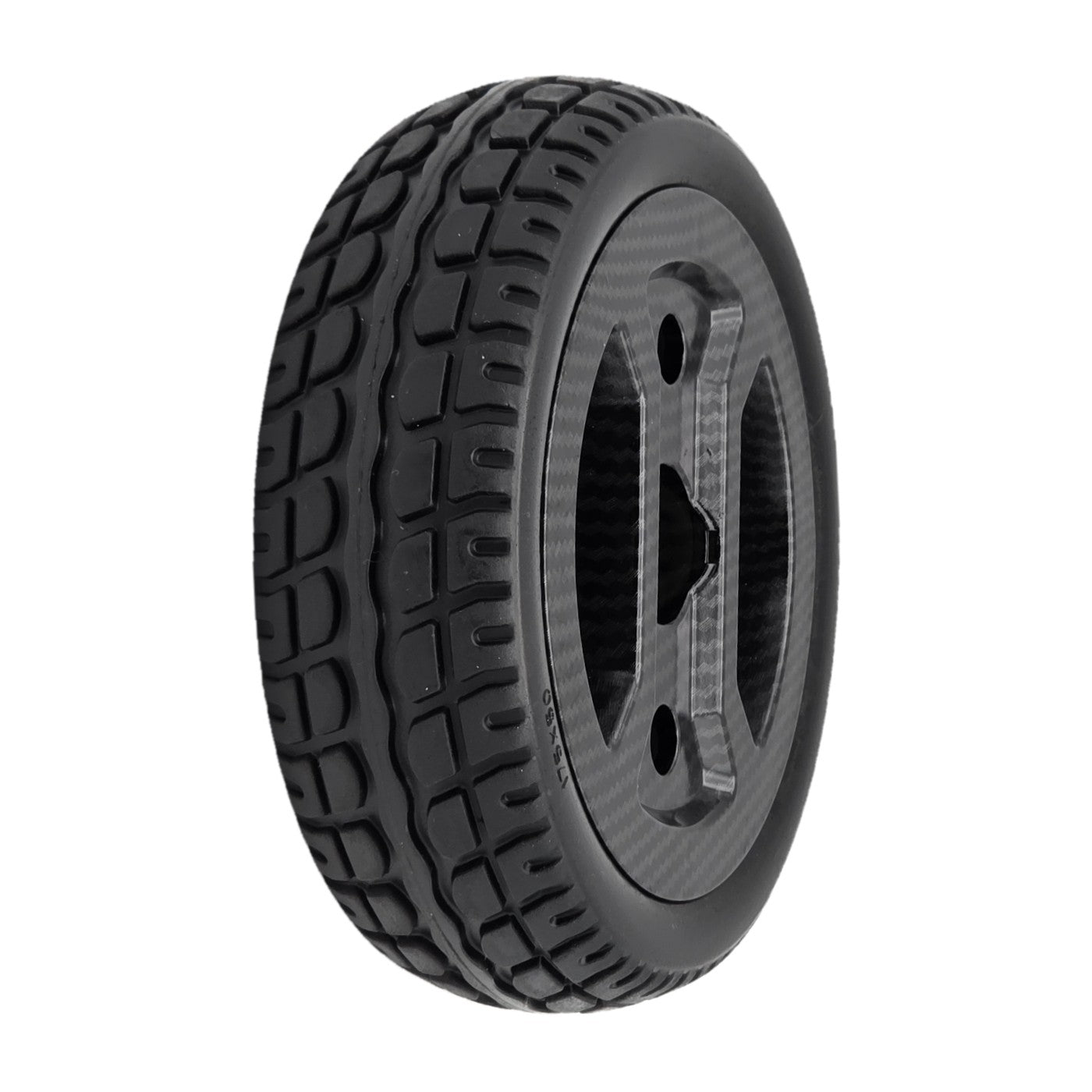 The replacement 175x50 Front Wheel Assembly for Pride Go Go Carbon Electric Scooter. Black carbon fiber wheel fits the left or right side wheels.