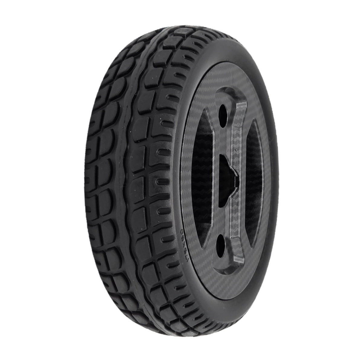 The replacement 175x50 Front Wheel Assembly for Pride Go Go Carbon Electric Scooter. Black carbon fiber wheel fits the left or right side wheels.