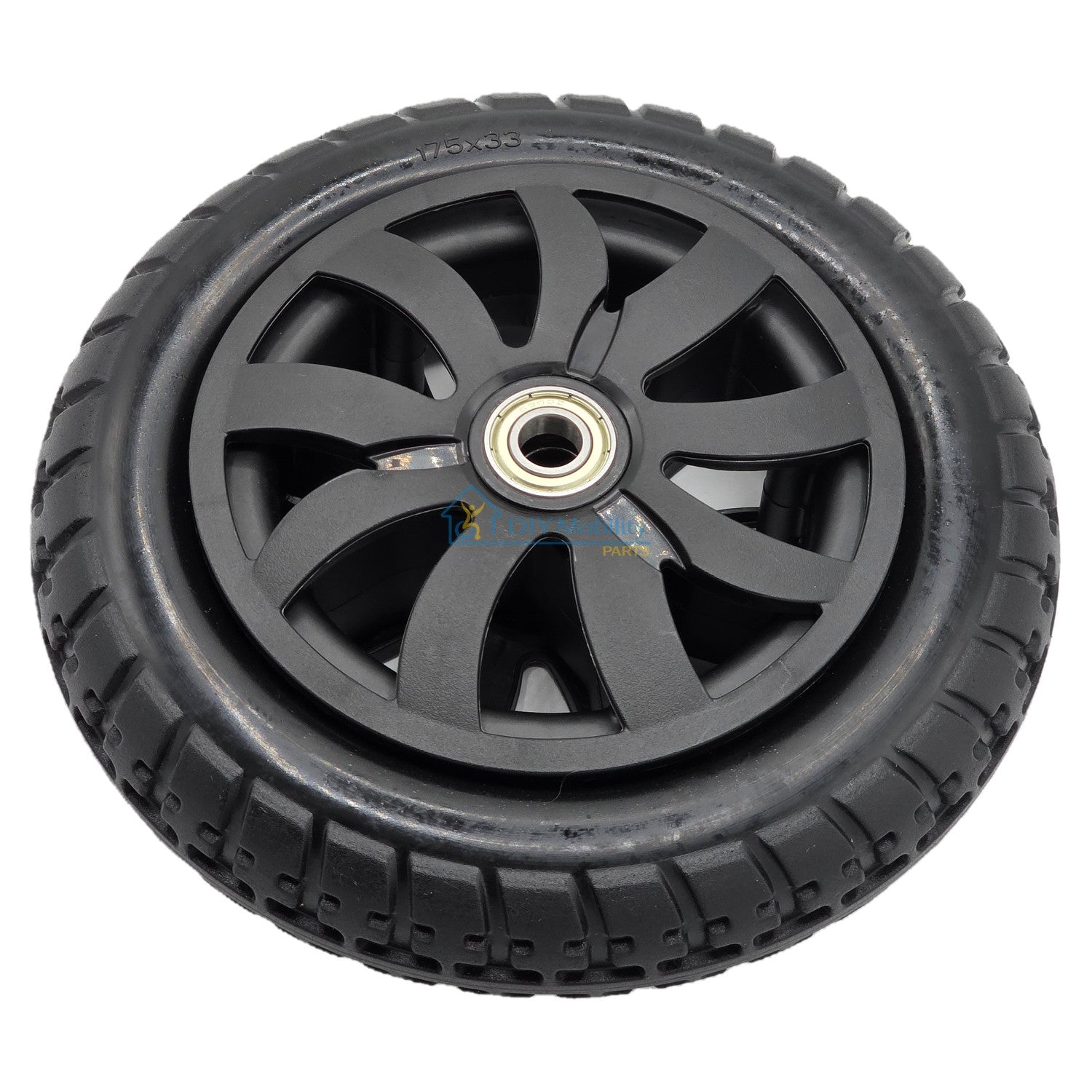 Close up view of the Front Caster Wheel For Vive Airframe Magnesium Collection Electric Wheelchair. Fits the left or right side 175x33 front caster wheels.