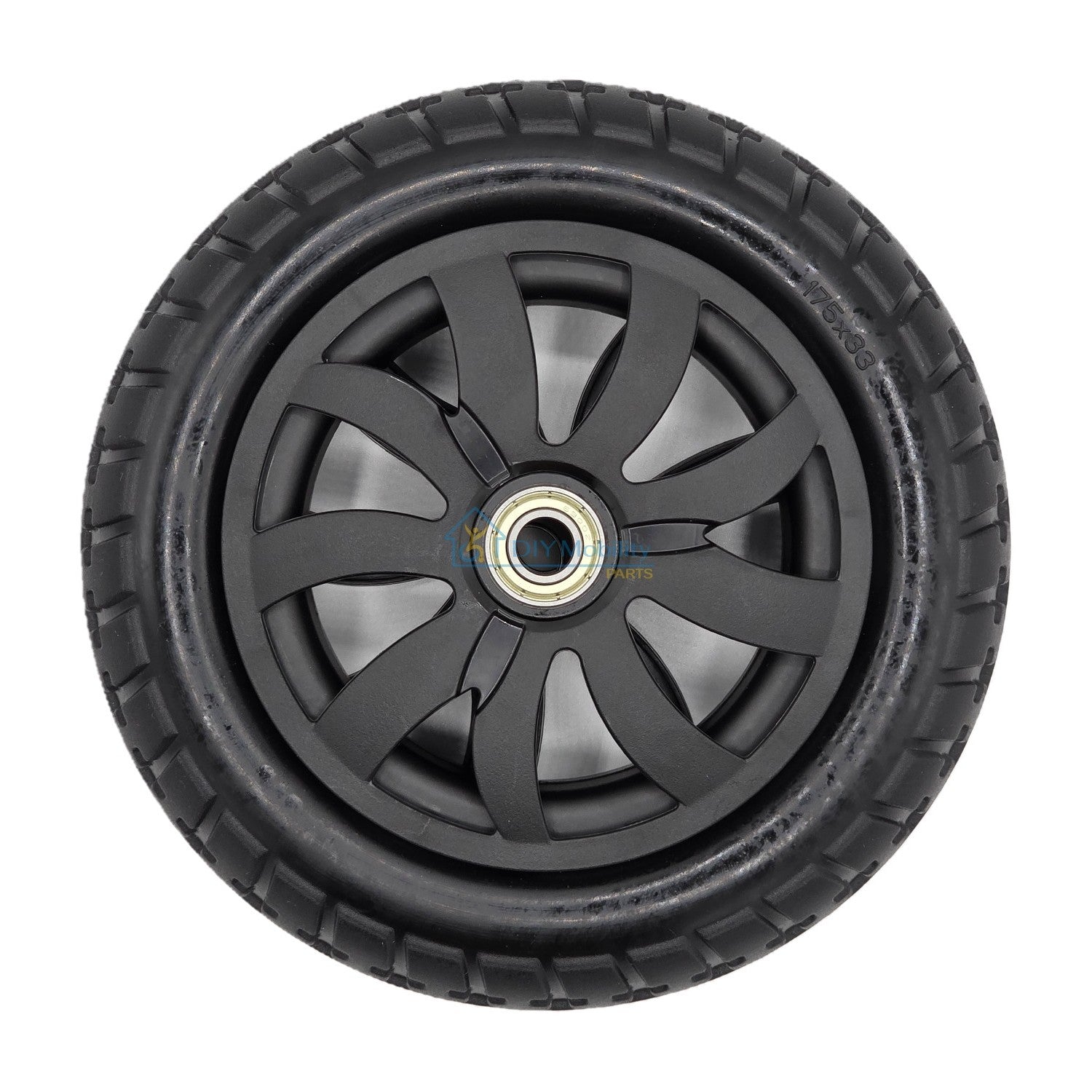 Top view of the Front Caster Wheel For Vive Airframe Magnesium Collection Electric Wheelchair. Fits the left or right side 175x33 front caster wheels.