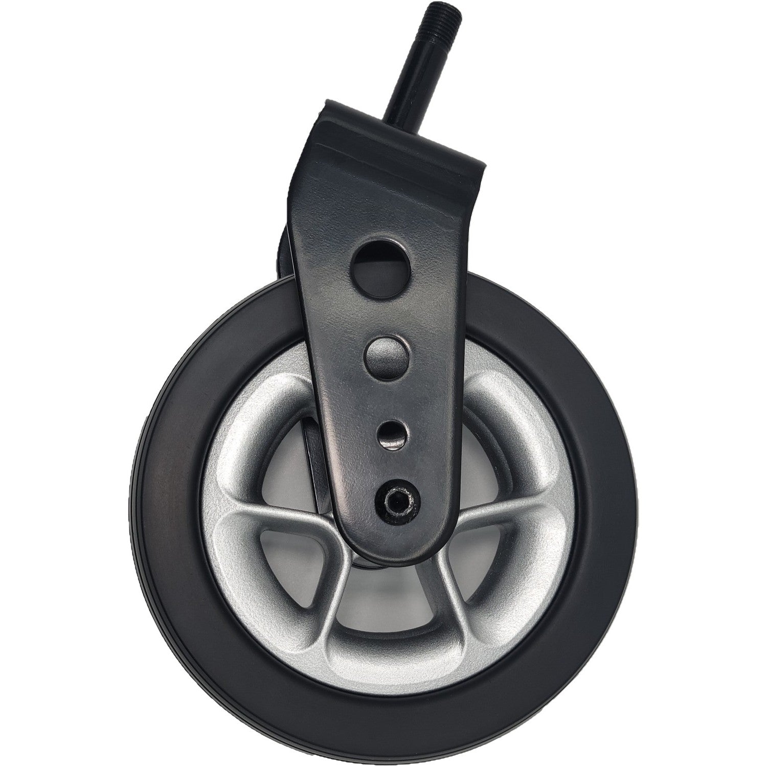 Side view of the Front Caster Wheel Fork Assembly for New Regal EZ Power Wheelchair showing assembled caster fork with caster wheel