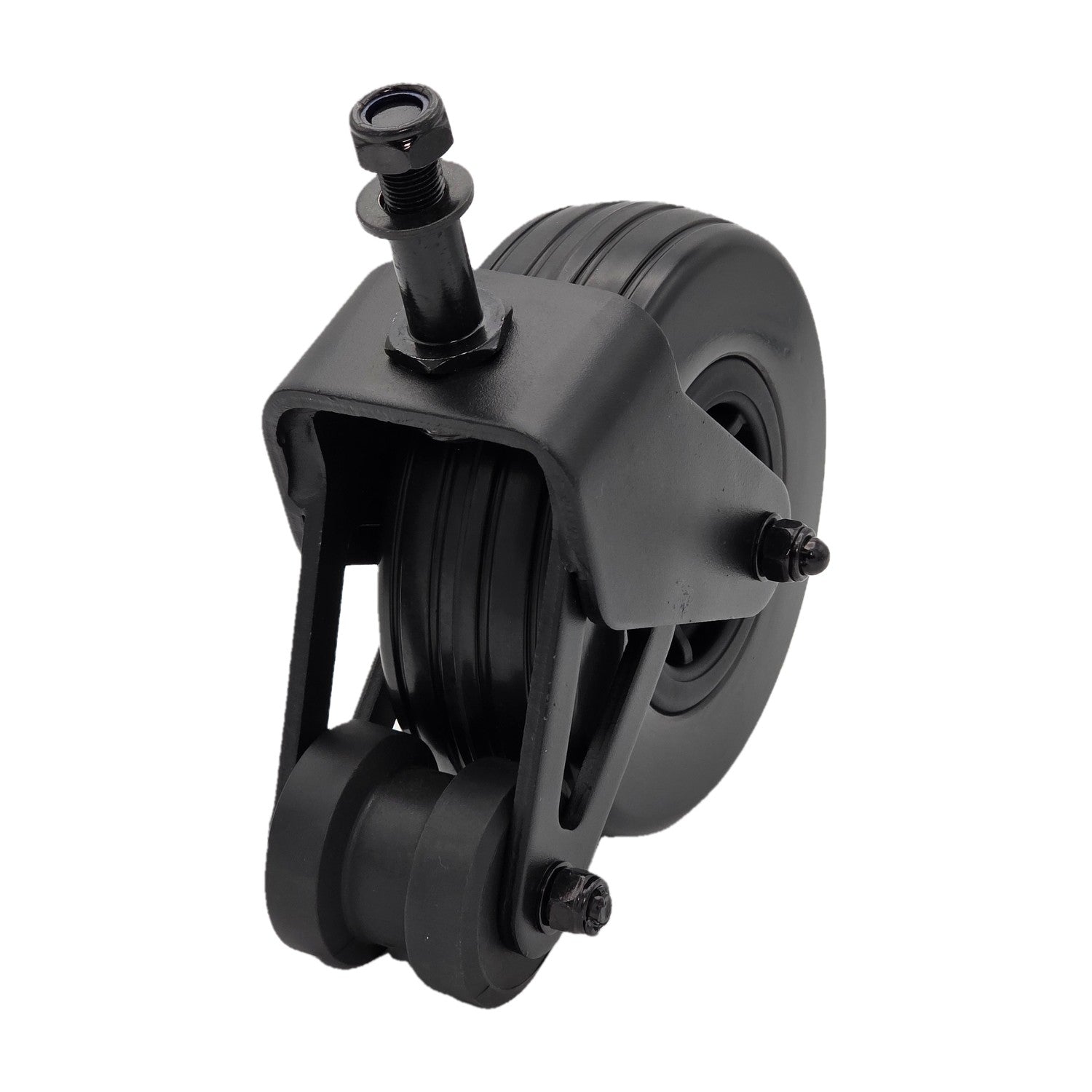 Angled view of the Replacement 6 x 2 front caster wheel fork assembly for Pride Go Chair Med. Fits left and right sides.