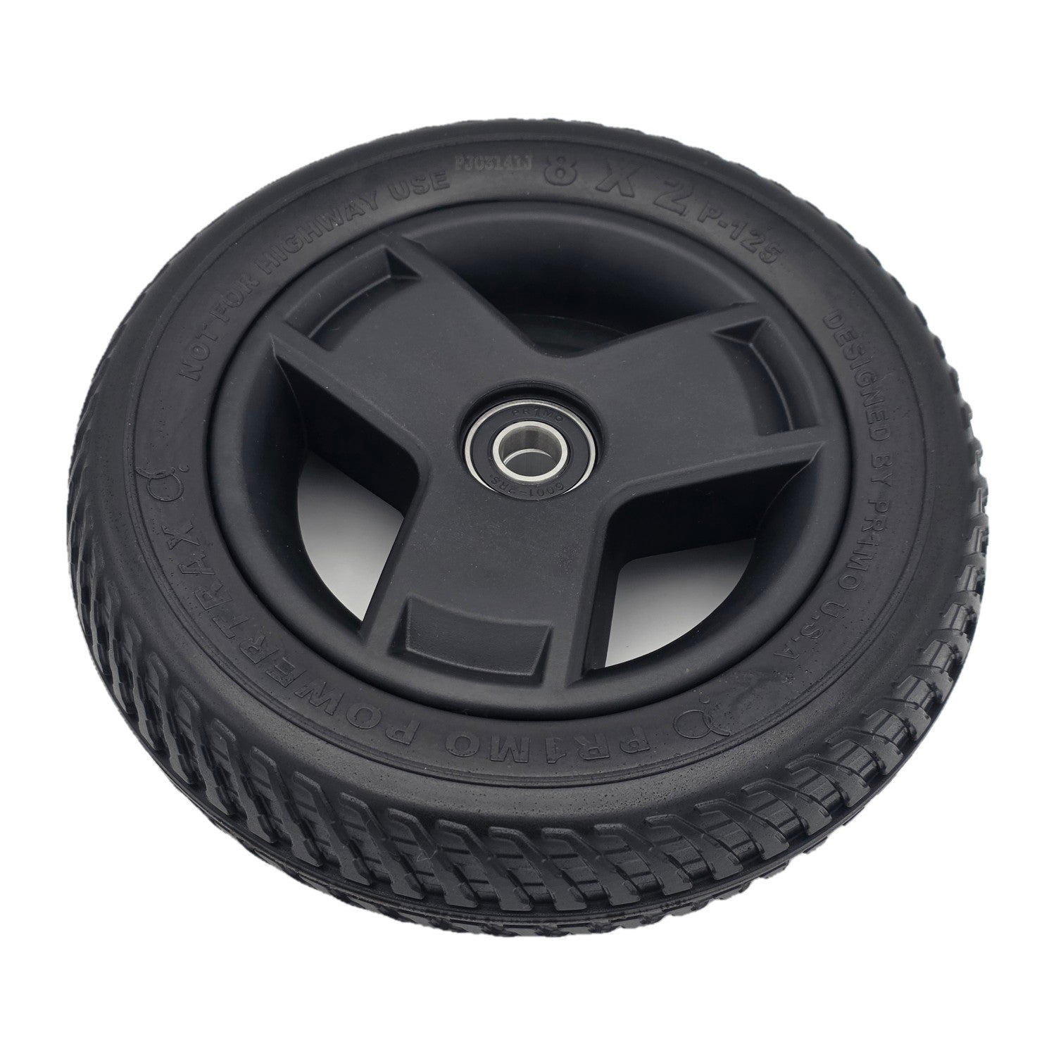 Close up view of the replacement 8 x 2 Front Wheel Assembly for the Pride Go Go Endurance AL+ Electric Scooter features a Pr1mo Powertrax non-marking black tire (P-125 tread) and 3 spoke rim.