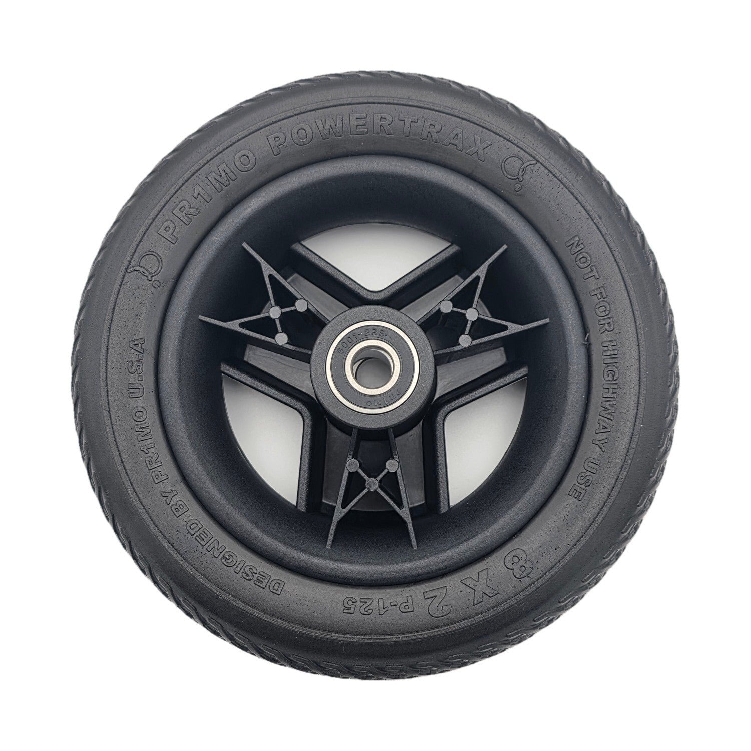 The 8x2 Front Wheel Assembly for the Pride Go Go Endurance AL+ Electric Scooter features a Primo Powertrax non-marking black tire (P-125 tread) and 3 spoke rim. 