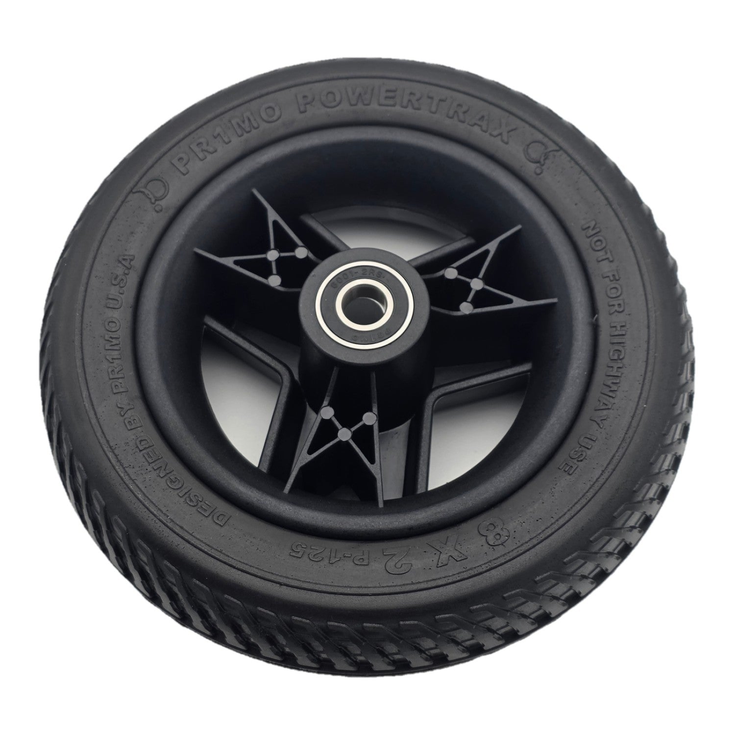 Back view of the replacement 8 x 2 Front Wheel Assembly for the Pride Go Go Endurance AL+ Electric Scooter features a Pr1mo Powertrax non-marking black tire (P-125 tread) and 3 spoke rim.