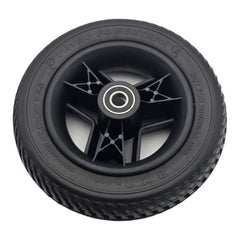 Back view of the replacement 8 x 2 Front Wheel Assembly for the Pride Go Go Endurance AL+ Electric Scooter features a Pr1mo Powertrax non-marking black tire (P-125 tread) and 3 spoke rim.
