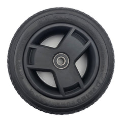 Top view of the 8 x 2 Front Wheel Assembly for the Pride Go Go Endurance AL+ Electric Scooter features a Pr1mo Powertrax non-marking black tire (P-125 tread) and 3 spoke rim.