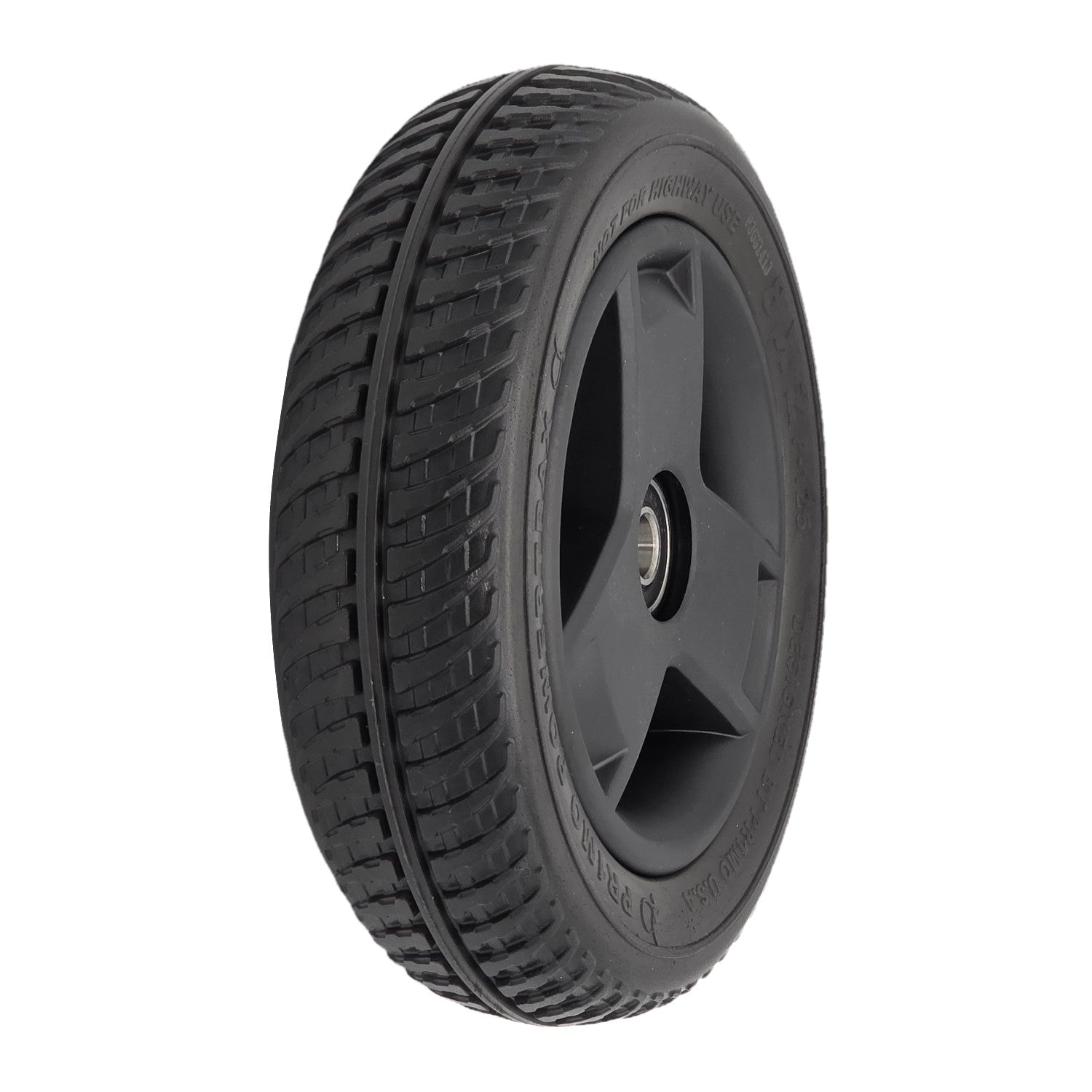 The 8 x 2 Front Wheel Assembly for the Pride Go Go Endurance AL+ Electric Scooter features a Pr1mo Powertrax non-marking black tire (P-125 tread) and 3 spoke rim.