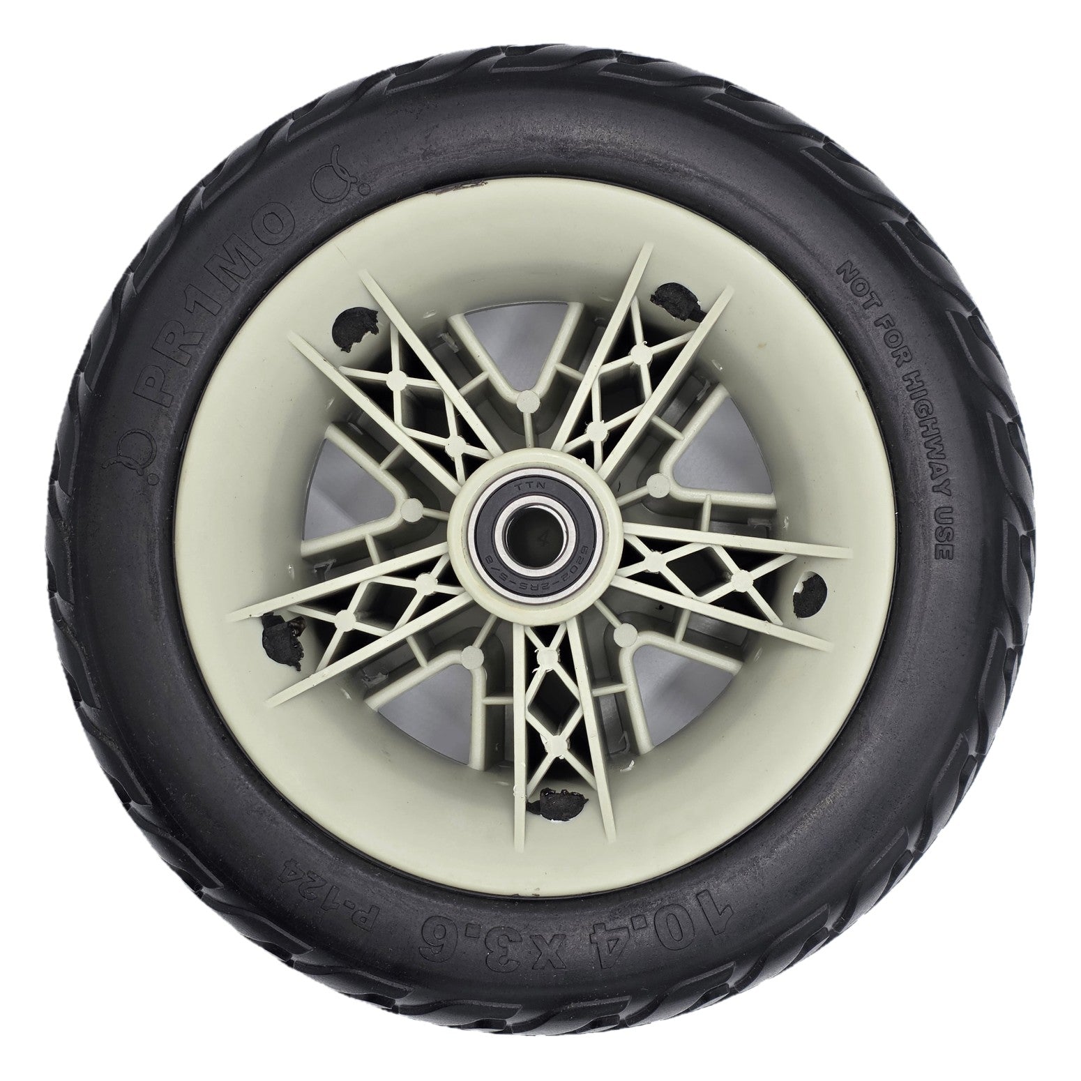Back view showing 10.75x3.6 Front Wheel Assembly for Pride Mobility Maxima 4-Wheel Electric Scooter with Black Pr1mo 10.75 x 3.6 tire with P-124 HD tread