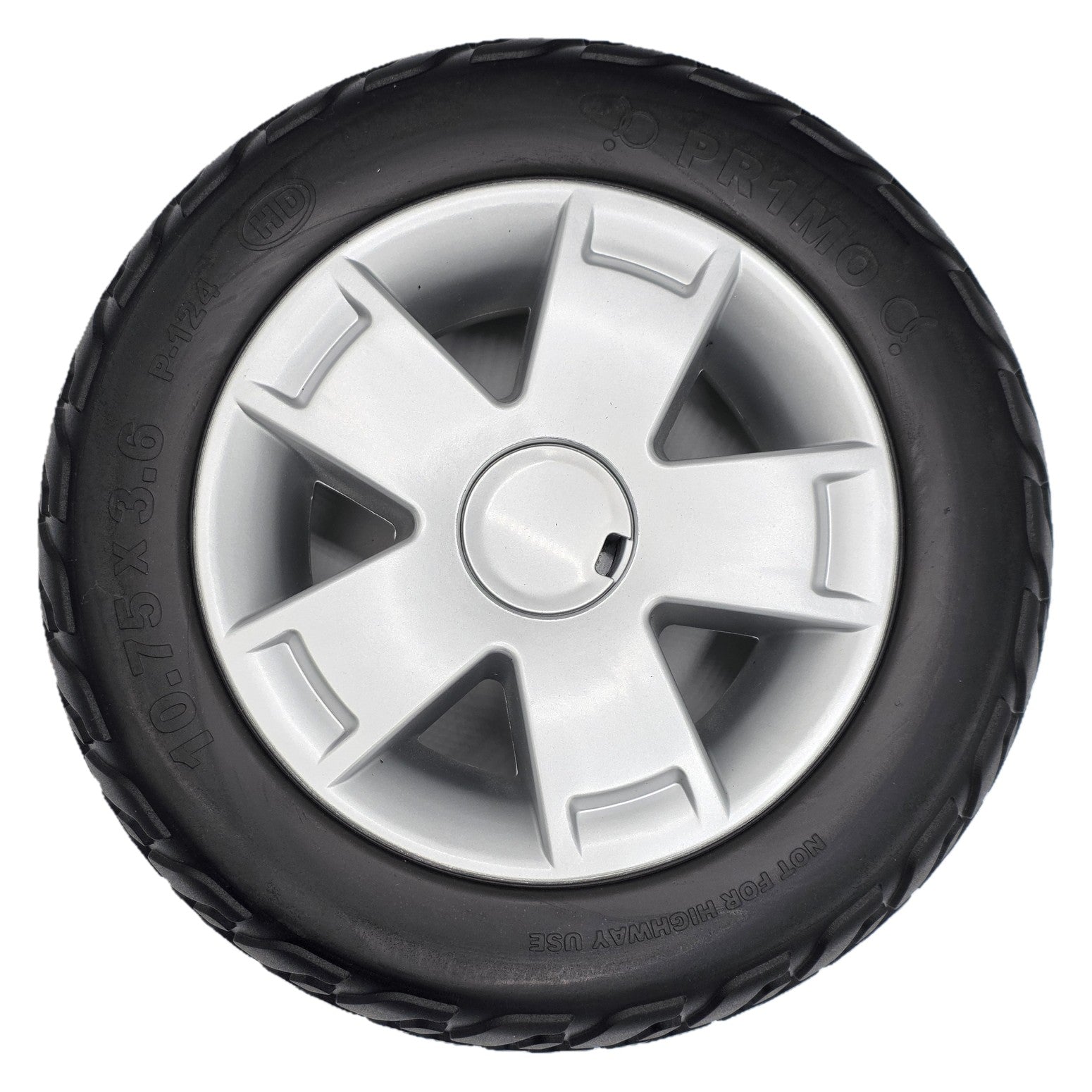 Top view showing 10.75x3.6 Front Wheel Assembly for Pride Mobility Maxima 4-Wheel Electric Scooter with Black Pr1mo 10.75 x 3.6 tire with P-124 HD tread