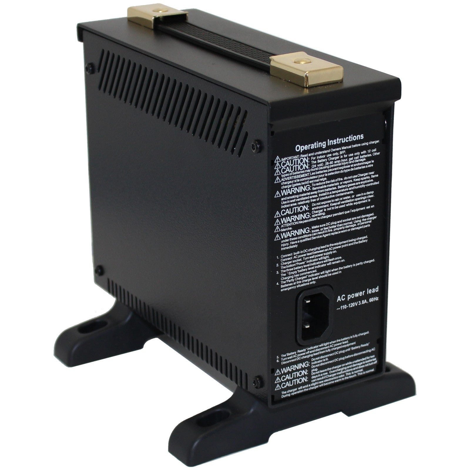 Back view of the Invacare 8 Amp Battery Charger for Power Wheelchair and Scooters showing instructions