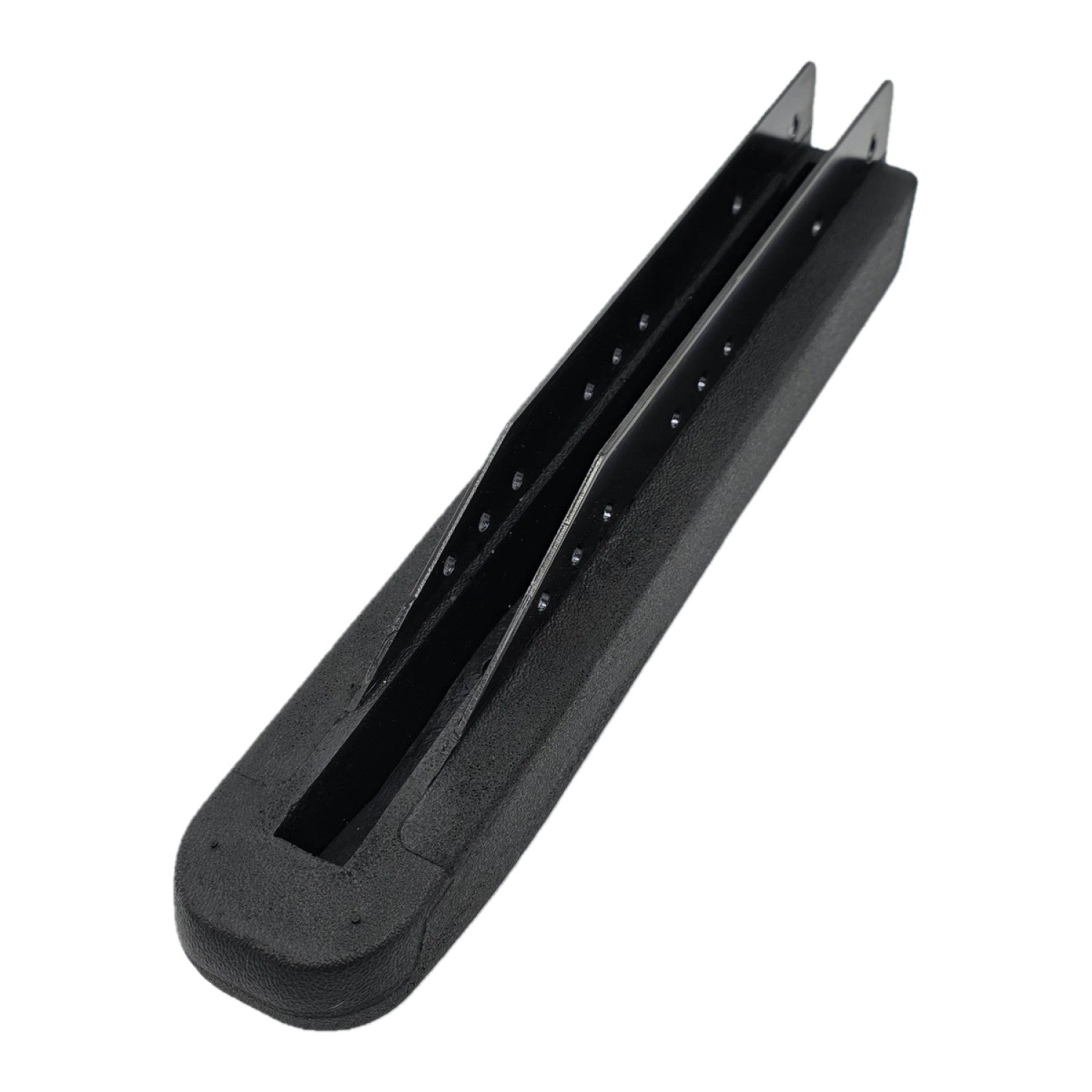 Bottom view of the solid armrest pad for Invacare Pronto and TDX Series. 15" in length with metal bracket.