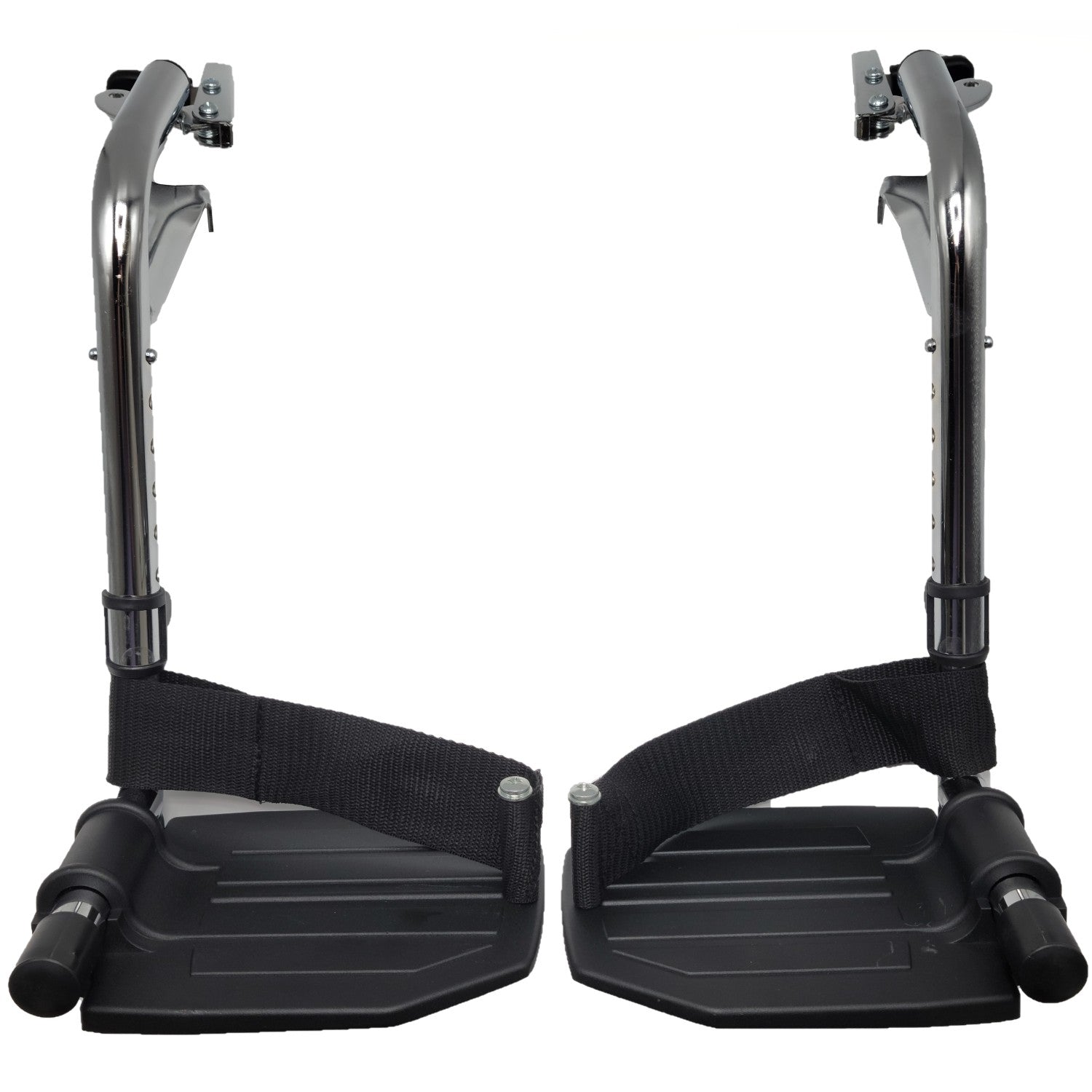 Front view of the Invacare Swing Away Hemi Footrests with Heel Loop with Aluminum Footplate shown in chrome