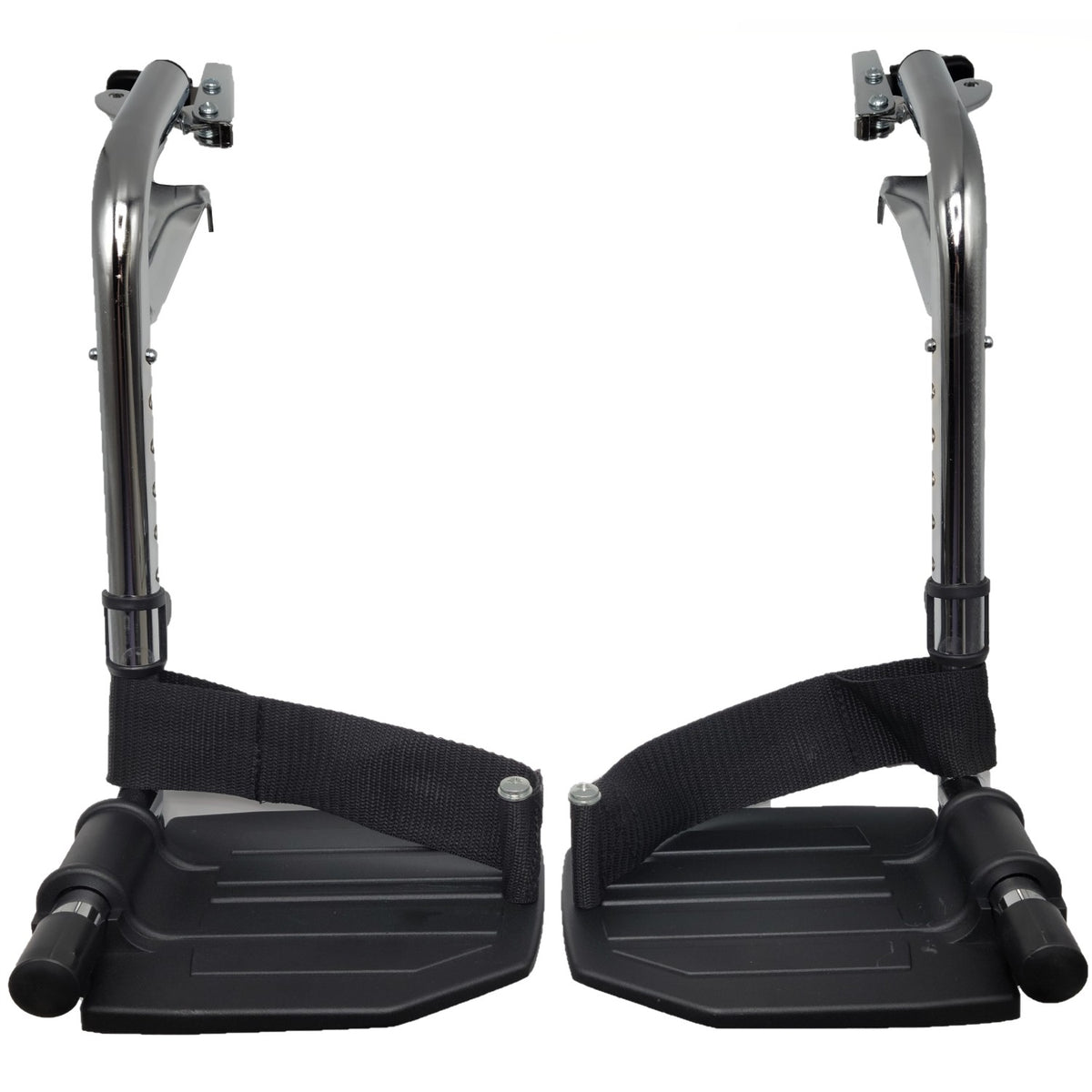 Front view of the Invacare Swing Away Hemi Footrests with Heel Loop with Aluminum Footplate shown in chrome